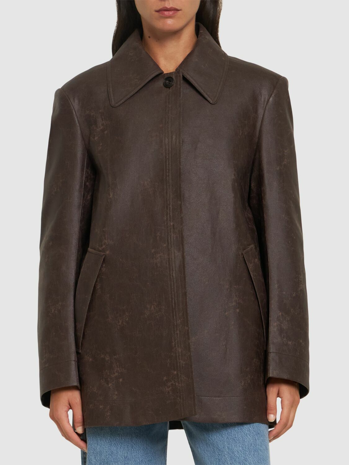 [LOW CLASSIC] / ☆ 24FW CREASED LEATHER COAT / BROWN LOW CLASSIC Creased Faux Leather Jacket Low Classic