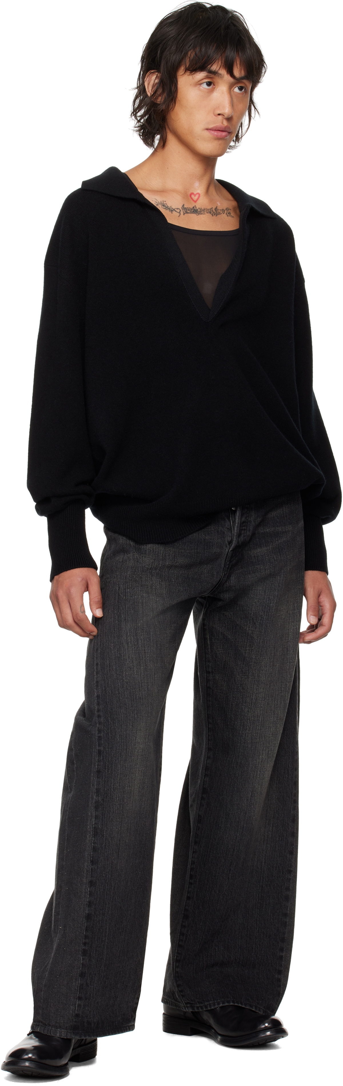 stein Black Extra Fine Wool Knit Skipper Polo