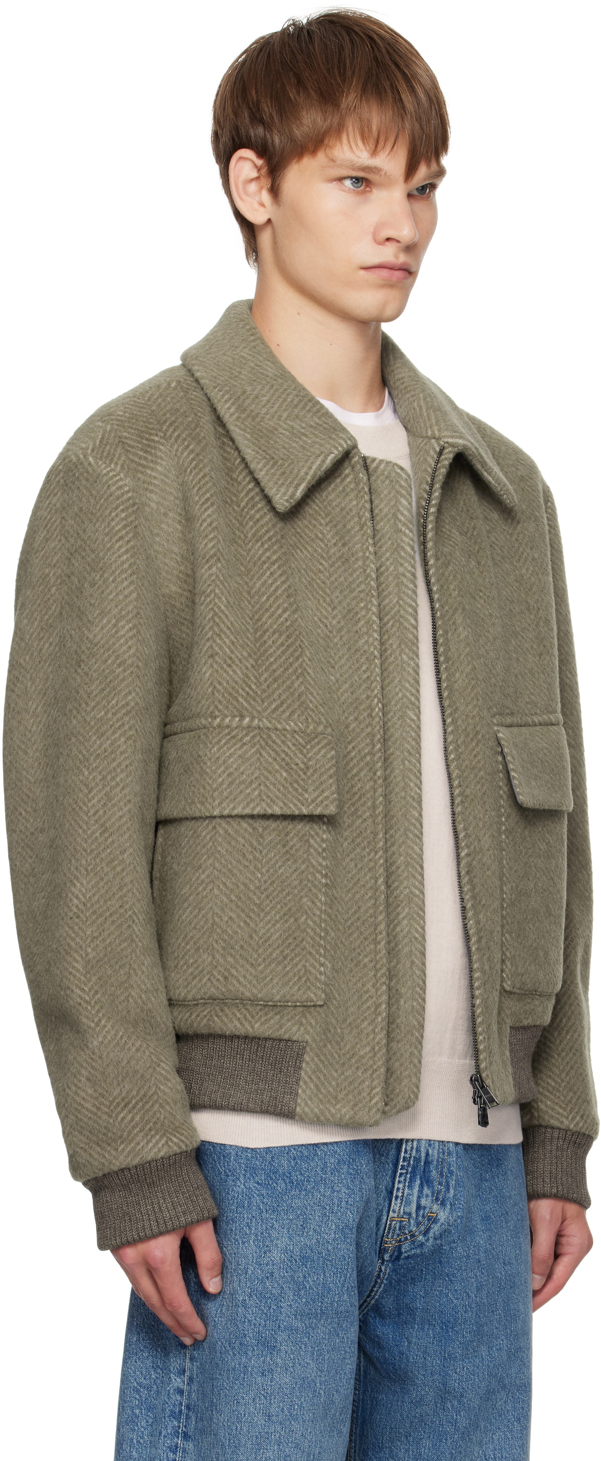 BOSS Khaki Regular-Fit Herringbone-Patterned Jacket