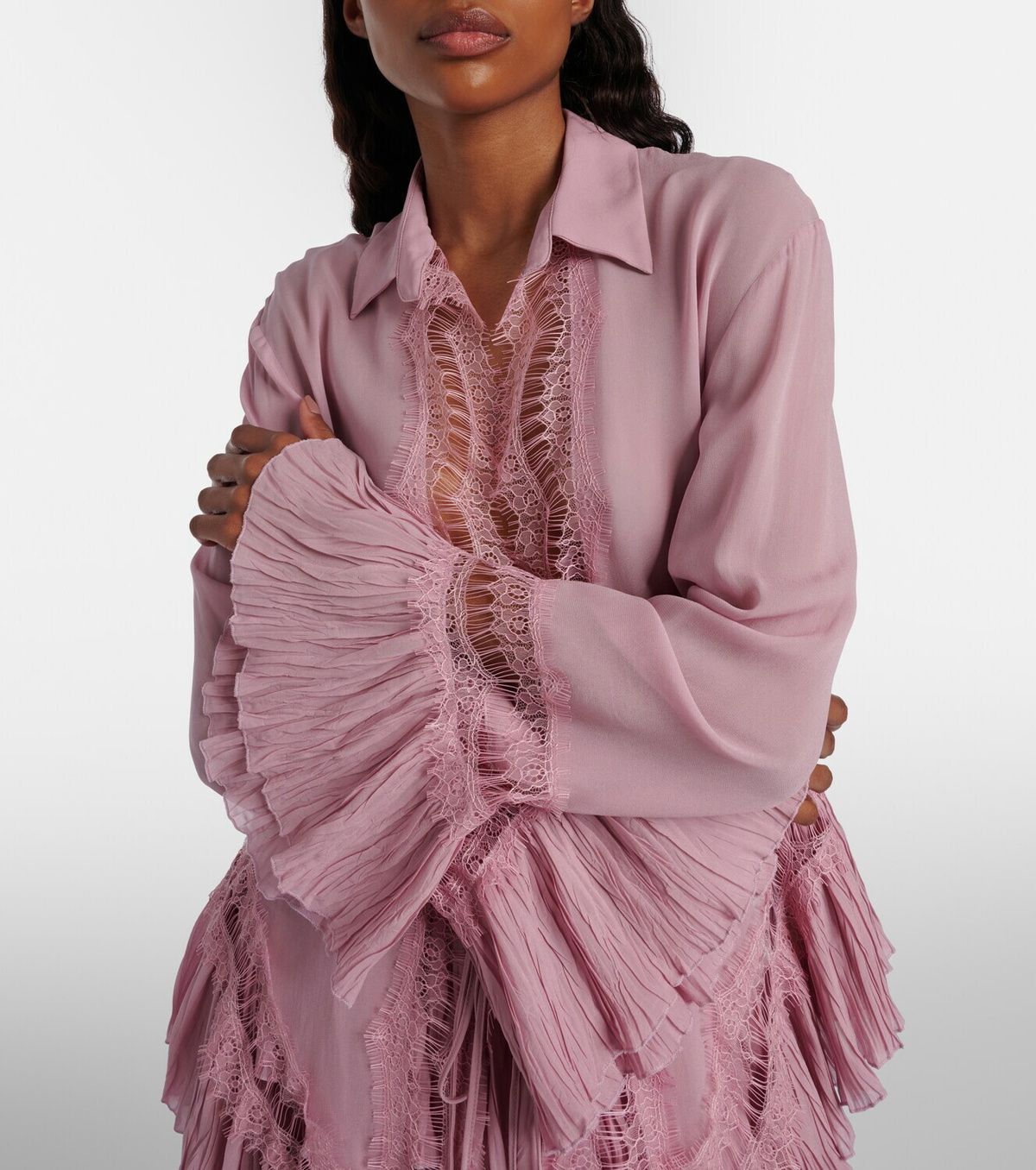 Blumarine Lace-trimmed sheer georgette shirt