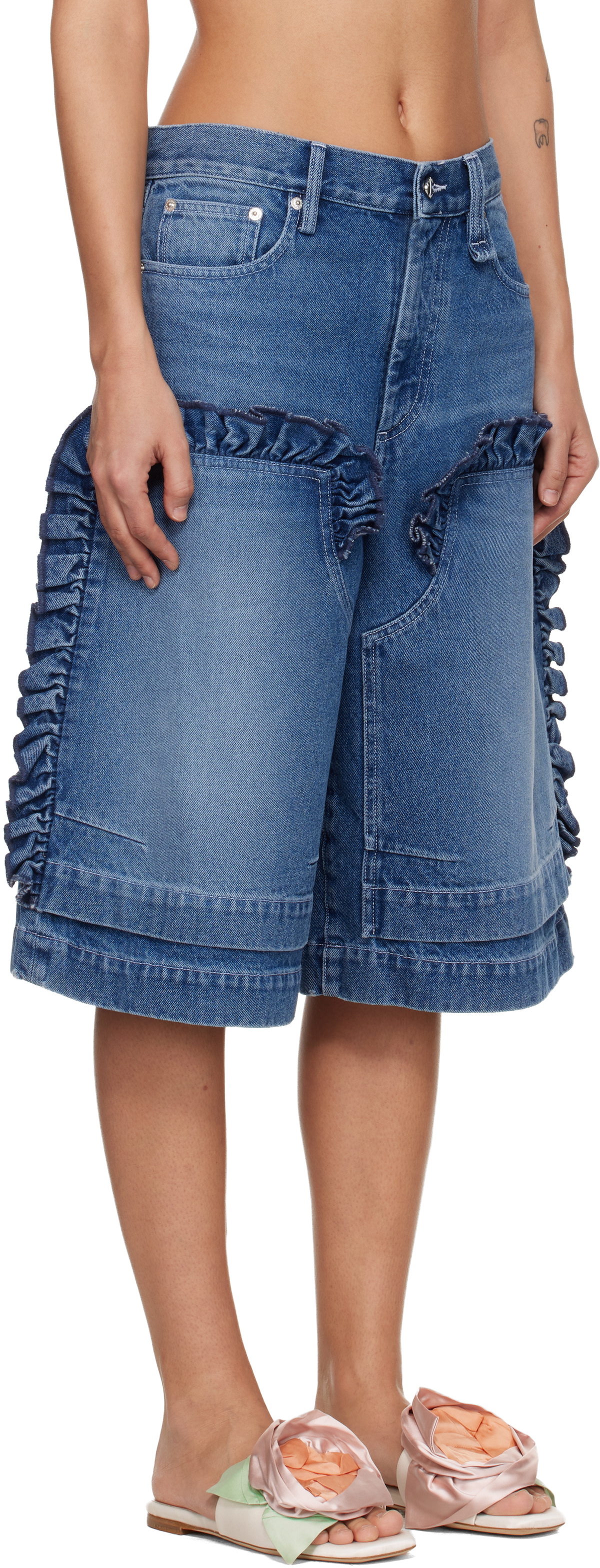 Simone Rocha Blue Ruffle Frill Denim Board Shorts