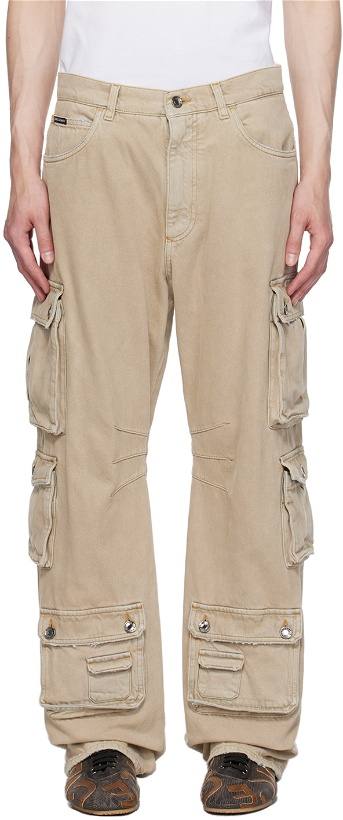 Photo: Dolce & Gabbana Beige Distressed Denim Cargo Pants