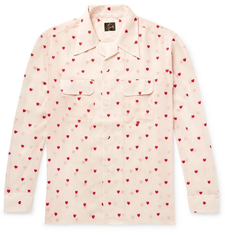 Photo: Needles - Camp-Collar Embroidered Distressed Chiffon Shirt - Pink