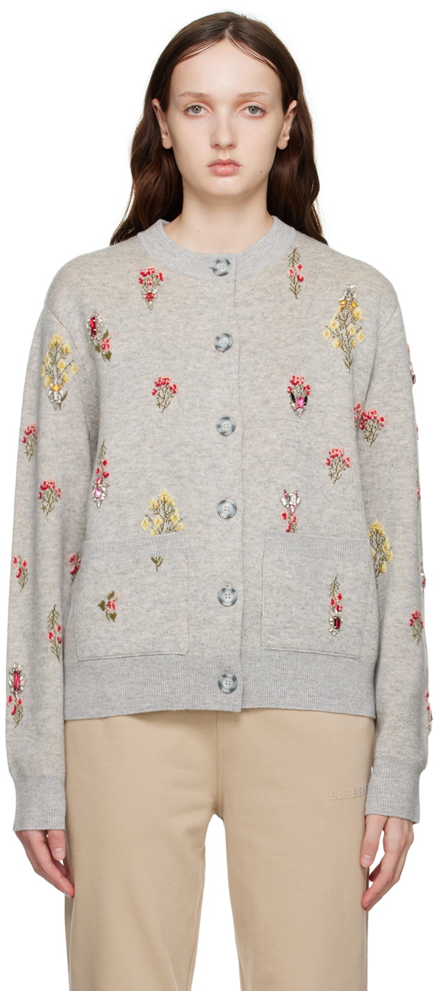 Burberry Gray Crystal Embroidered Floral Cardigan Burberry