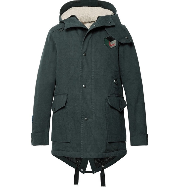 Photo: Lanvin - Appliquéd Cotton-Twill Hooded Parka with Detachable Faux Shearling Lining - Men - Emerald