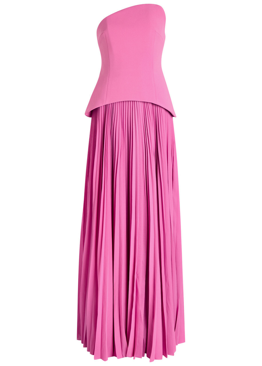 Solace London Britt Strapless Plissé and Crepe Maxi Dress Pink