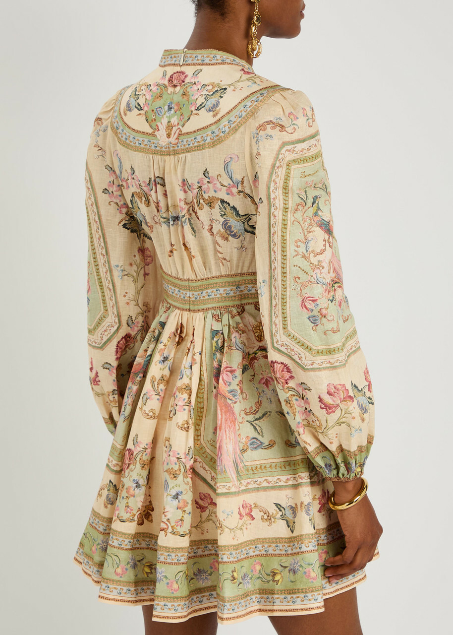 Zimmermann Roselight Printed Linen Mini Dress Sage