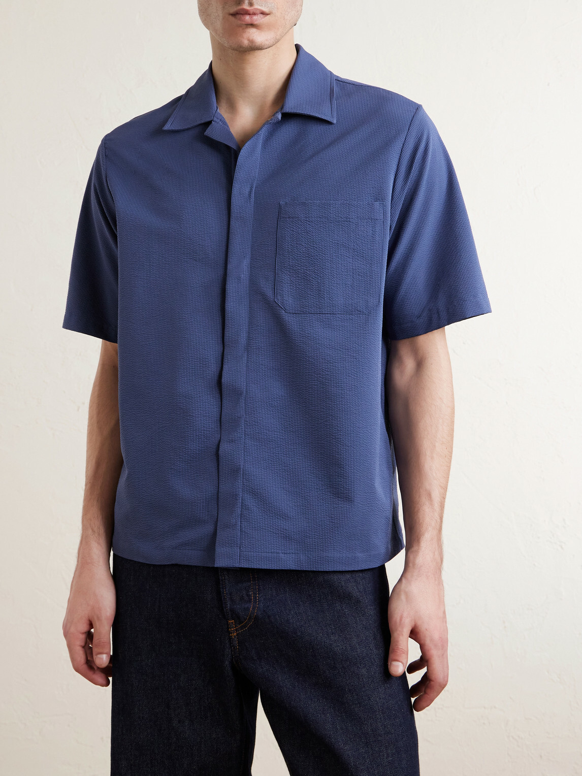 Herno - Seercrease Jersey Bowling Shirt - Blue