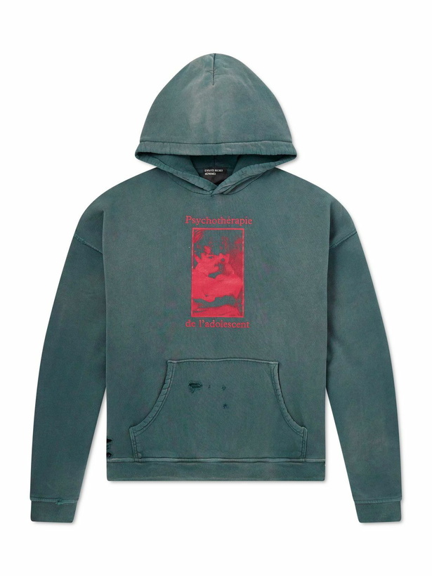 Photo: Enfants Riches Déprimés - Psychothérapie de L'adolescent Printed Distressed Cotton-Jersey Hoodie - Green
