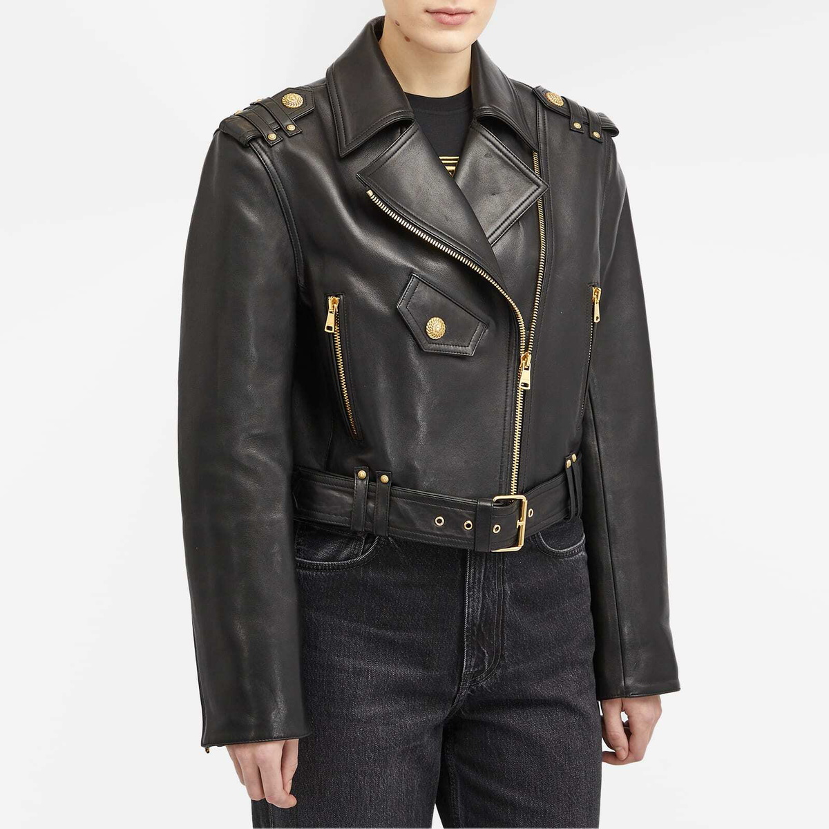 Balmain Women's Cropped Leather Biker Jacket in Black
