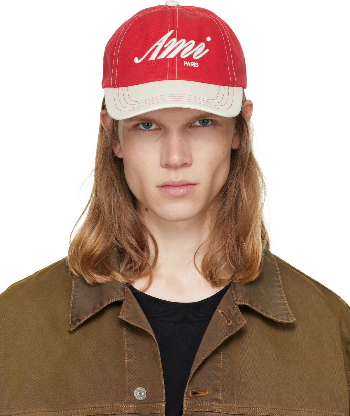 AMI Paris Red & White 'AMI' Embroidery Bicolor Cap