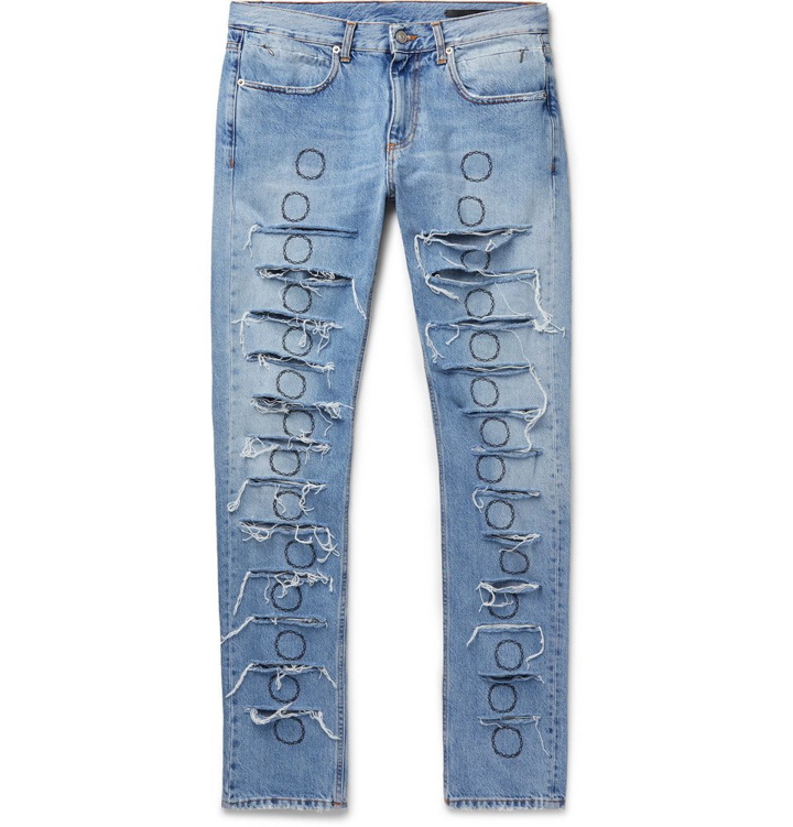 Photo: 1017 ALYX 9SM - Skinny-Fit Distressed Embroidered Denim Jeans - Blue