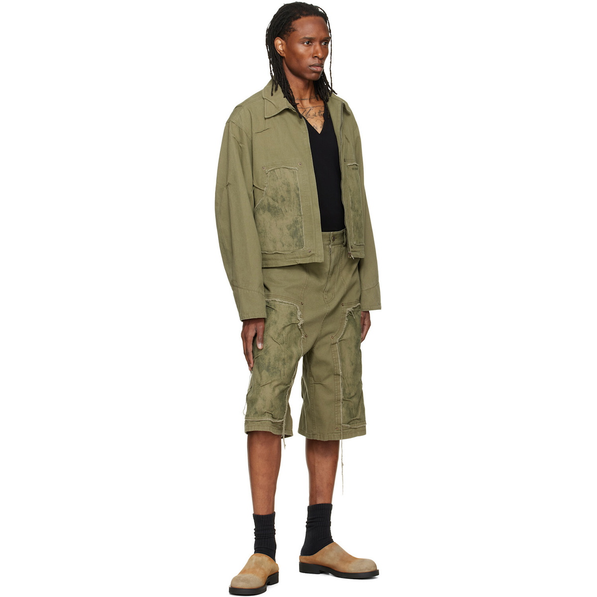 We11done Green Vintage Pinched Work Cargo Shorts