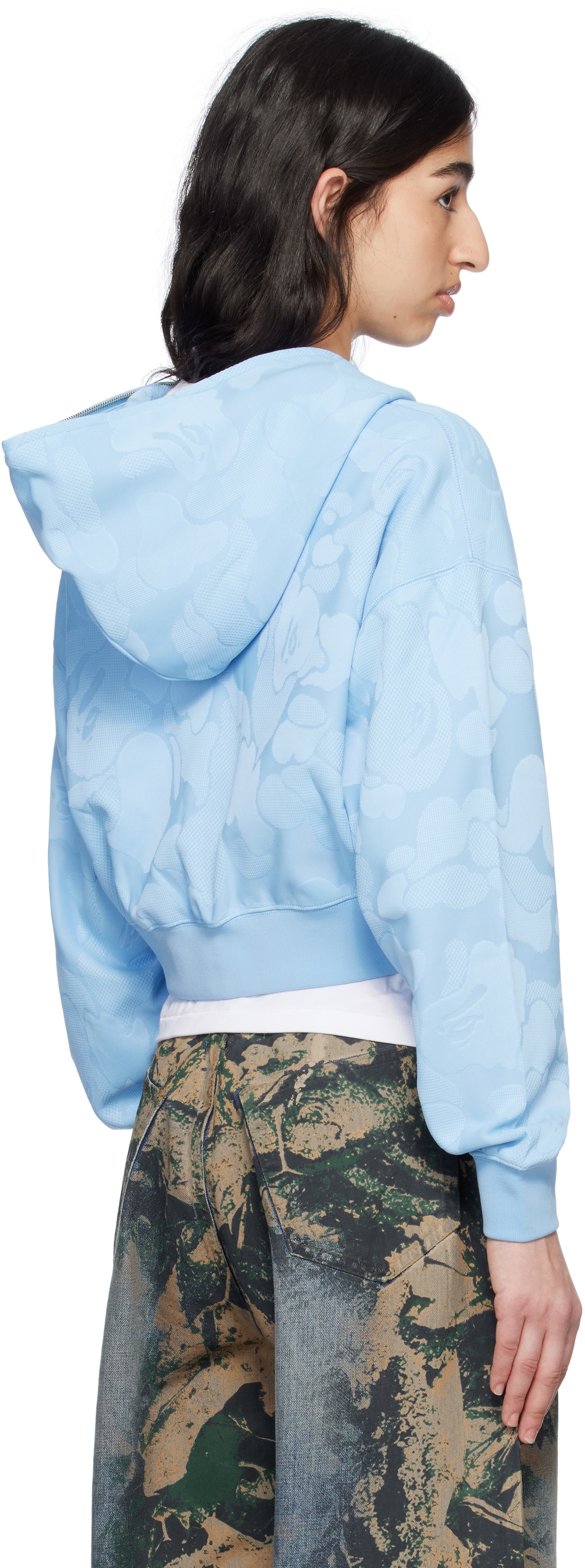 BAPE Blue Solid Camo Jacquard One Point Cropped Zip Hoodie