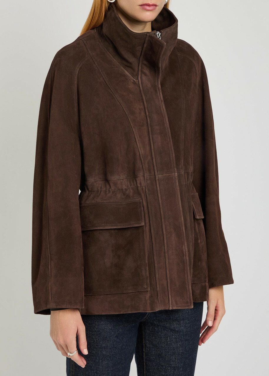 Nour Hammour Quai Funnel-neck Suede Jacket Dark Brown