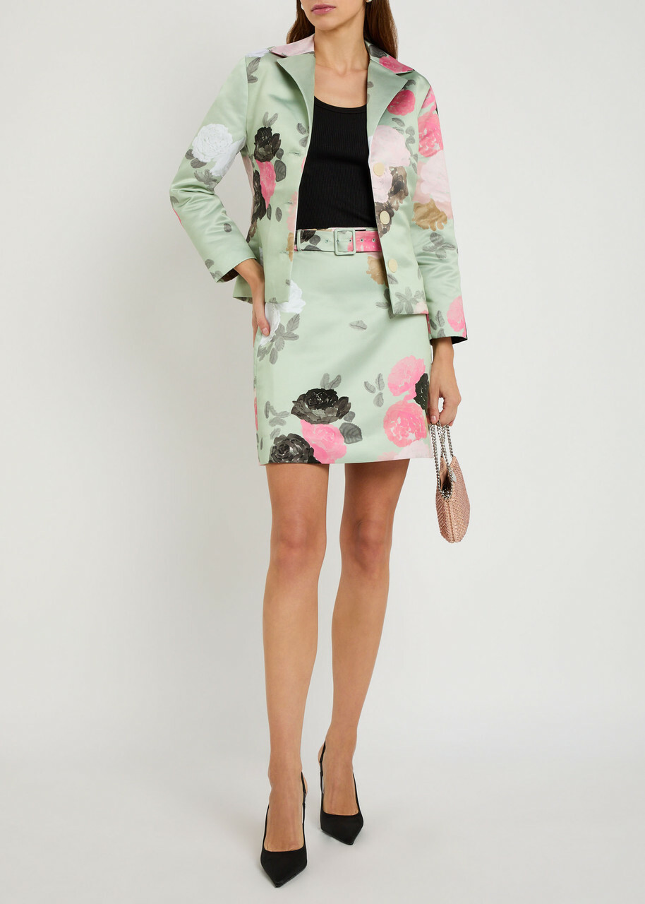 Bernadette Eva Belted Floral-print Satin Skirt Green