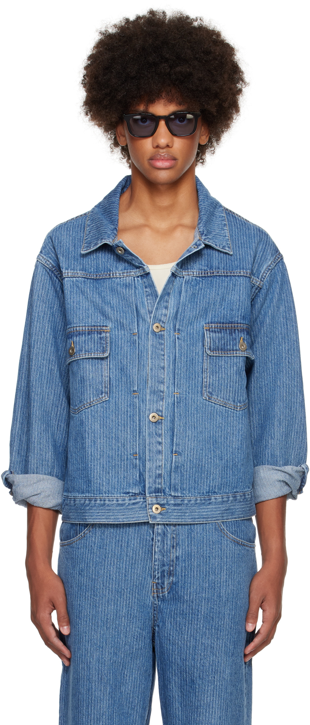 Small Talk Studio Blue Jacquard Stripe Denim Trucker Jacket