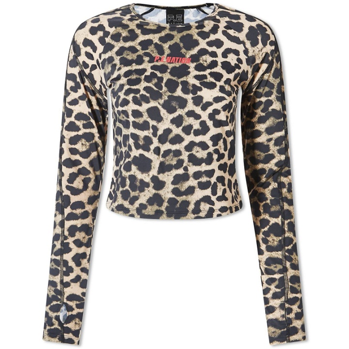 Photo: P.E Nation Women's Long Sleeve Downforce Active Top in Leopard