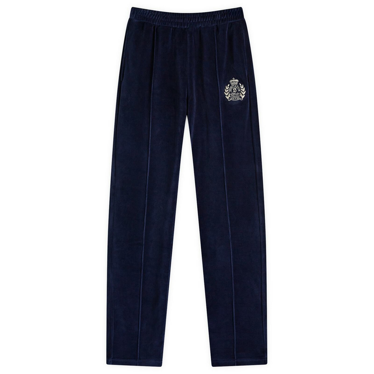 Sporty & Rich Women's NY Crest Velour Track Pants in Navy Cream