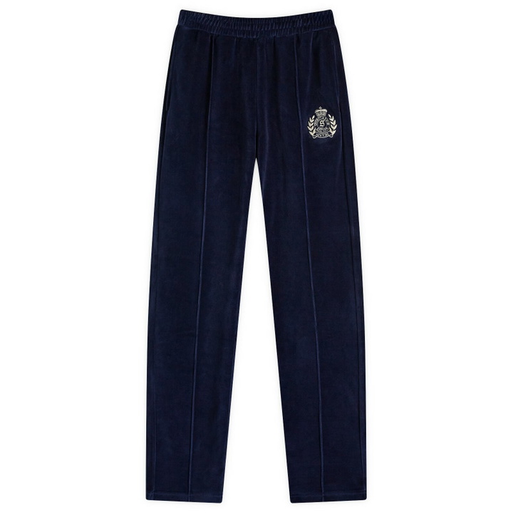 Photo: Sporty & Rich Women's NY Crest Velour Track Pants in Navy Cream