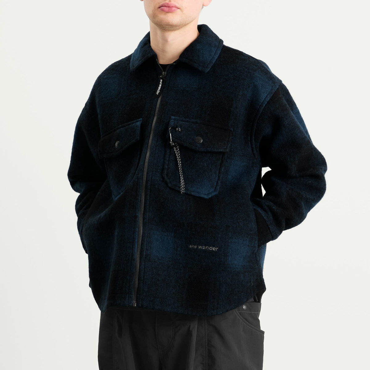 and wander Men's Shaggy Wool Zip Jacket in Navy