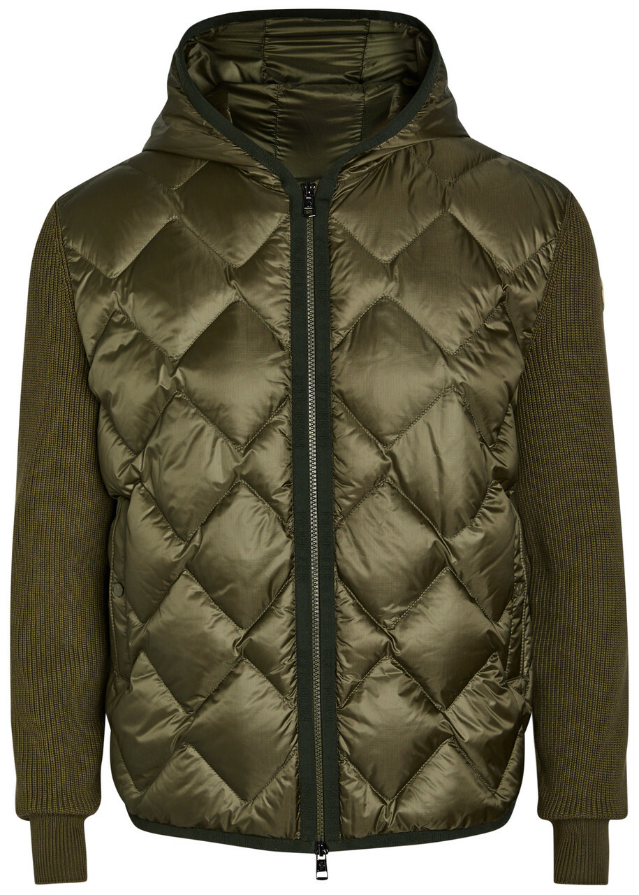 Moncler Hooded Quilted Shell and Cotton-blend Cardigan Khaki