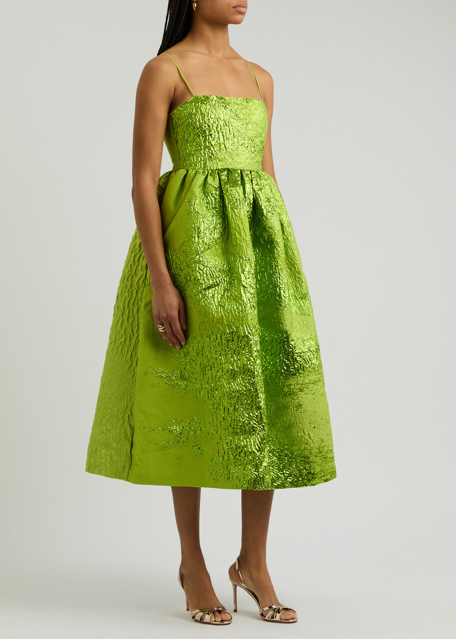 Stine Goya Metallic Cloque Midi Dress Green