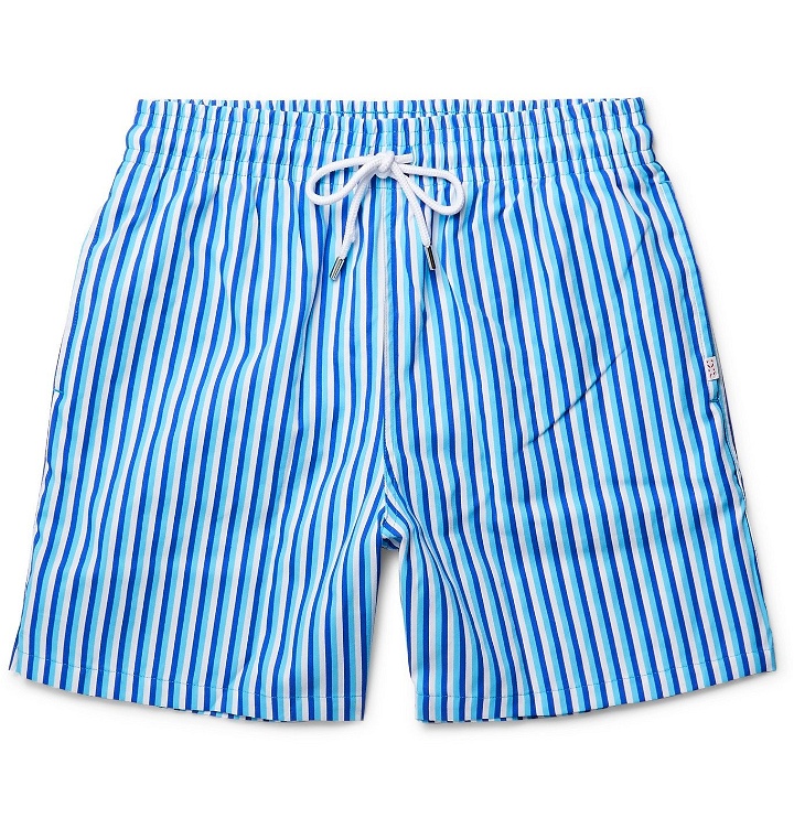 Photo: DEREK ROSE - Mid-Length Striped Swim Shorts - Blue