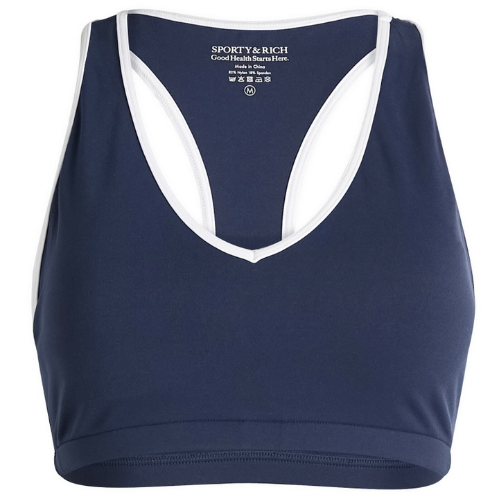 Photo: Sporty & Rich Women's Runner Box V-Neck Sports Bra in Navy White