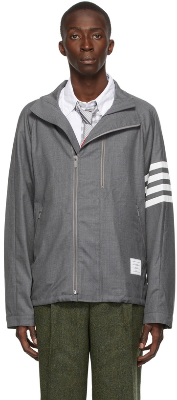 Photo: Thom Browne Grey 4-Bar Double-Zip Raglan Jacket