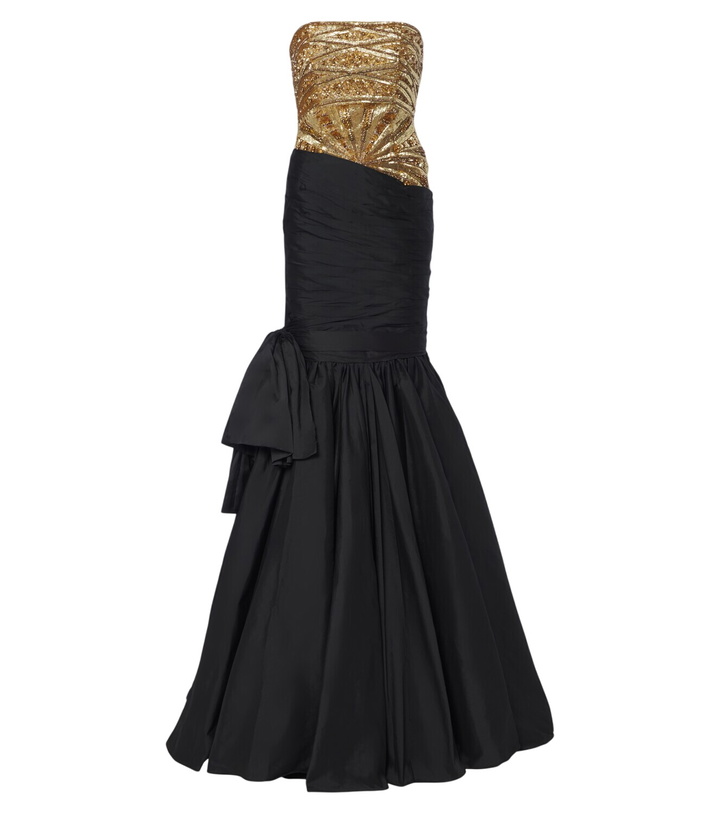 Photo: Là Fuori Gilded Geo draped sequined bustier gown