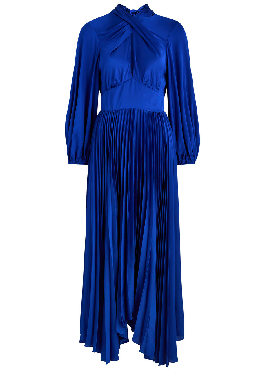 Alice + Olivia Mahogany Pleated Satin Maxi Dress Blue Alice + Olivia