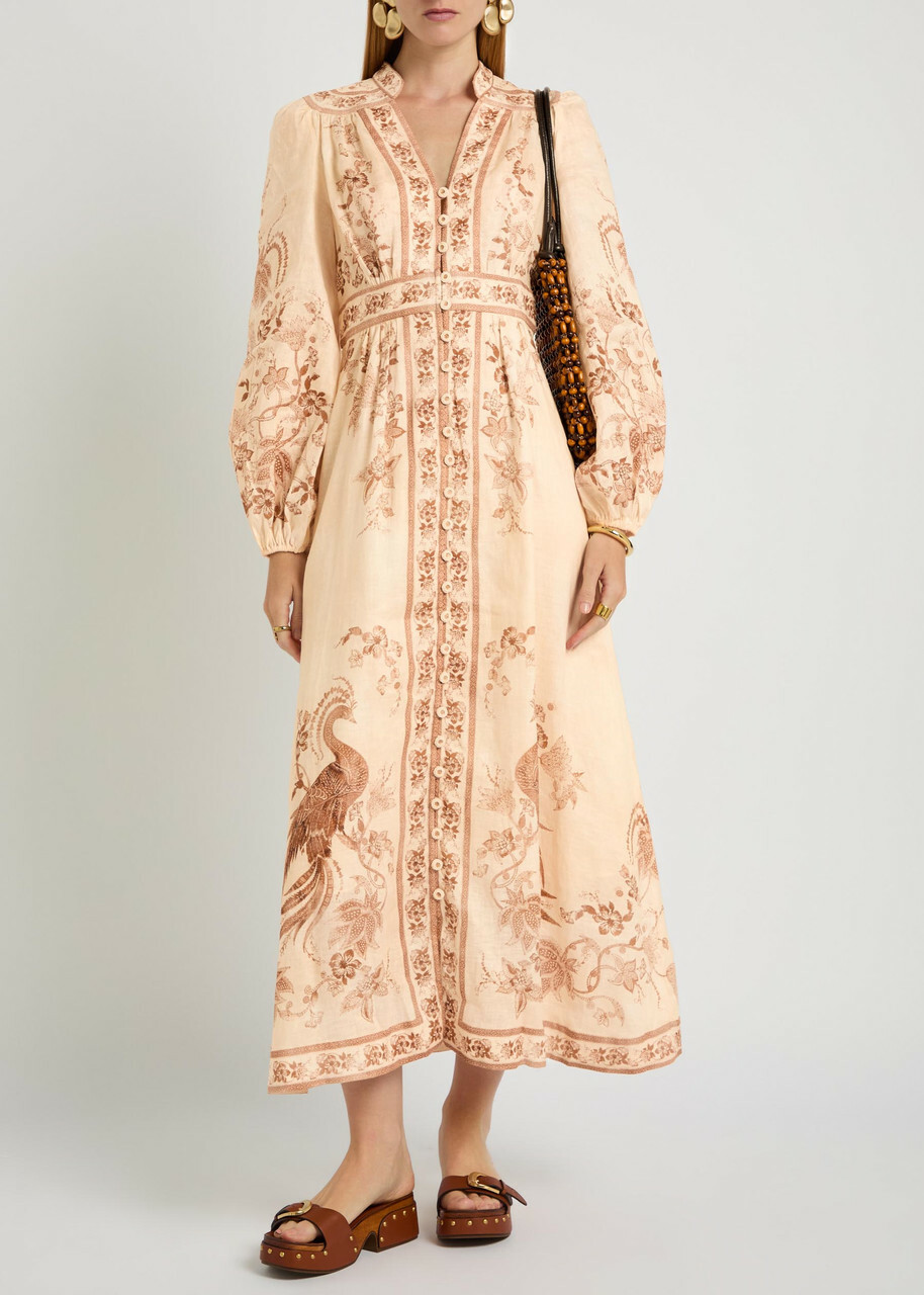 Zimmermann Indra Printed Plunge Linen Midi Dress Cream
