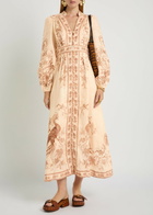 Zimmermann Indra Printed Plunge Linen Midi Dress Cream