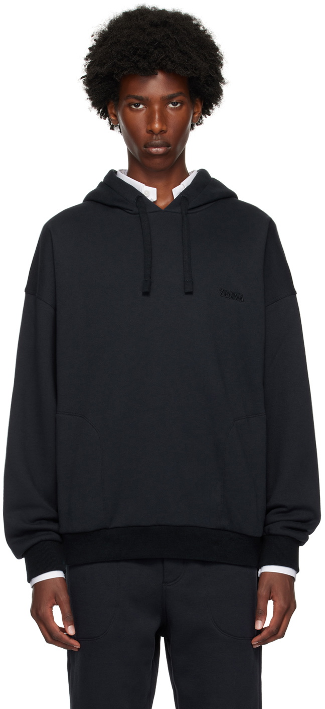 ZEGNA Navy Embroidered-Logo Hoodie