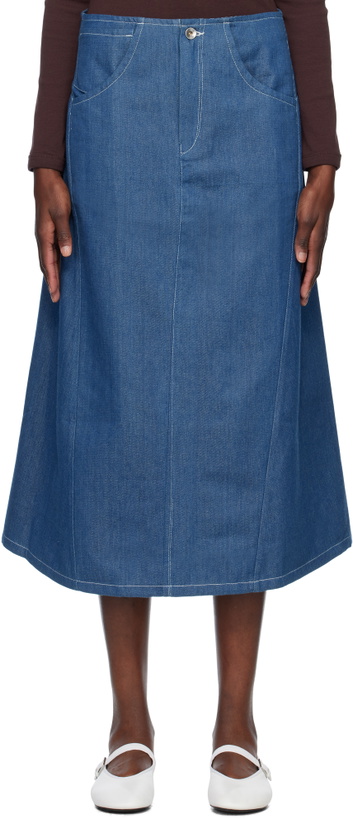 Photo: Story mfg. Blue Twisty Denim Midi Skirt