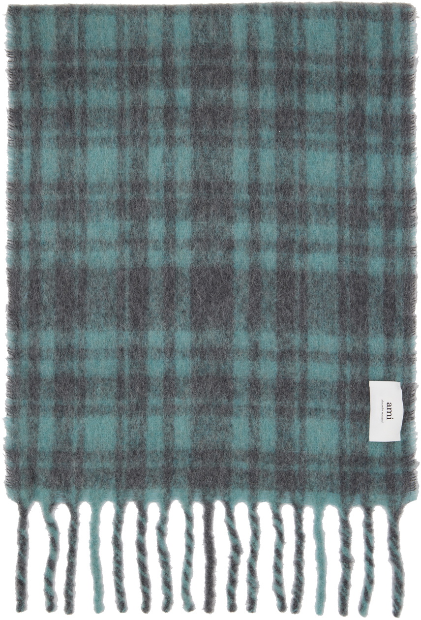 AMI Alexandre Mattiussi Blue & Gray Check Scarf
