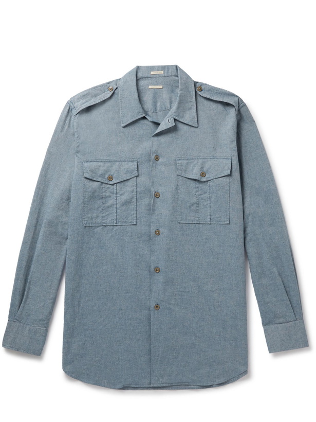 Photo: Massimo Alba - Army Convertible-Collar Cotton-Chambray Shirt - Blue