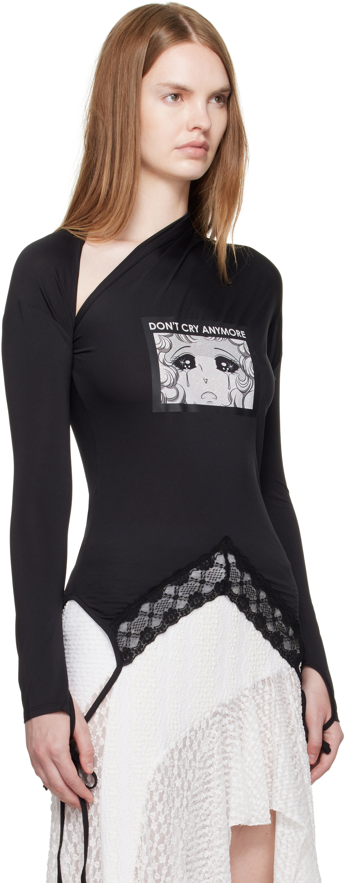 Pushbutton Black Asymmetry Neck Jersey T-shirt
