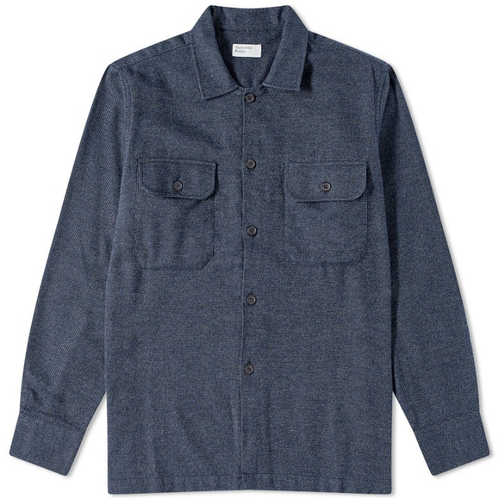 Photo: Universal Works Men's Soft Flannel Utility Overshirt in Navy