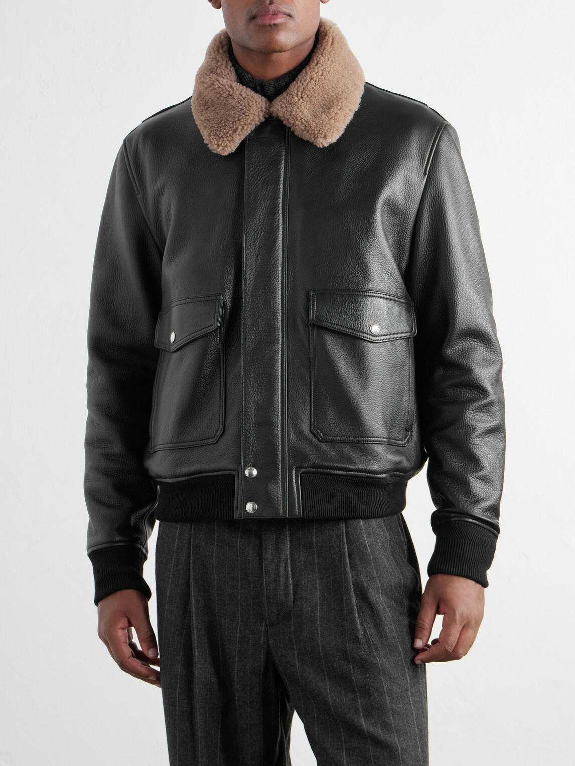 Mr P. - Shearling-Trimmed Full-Grain Leather Blouson Jacket - Black