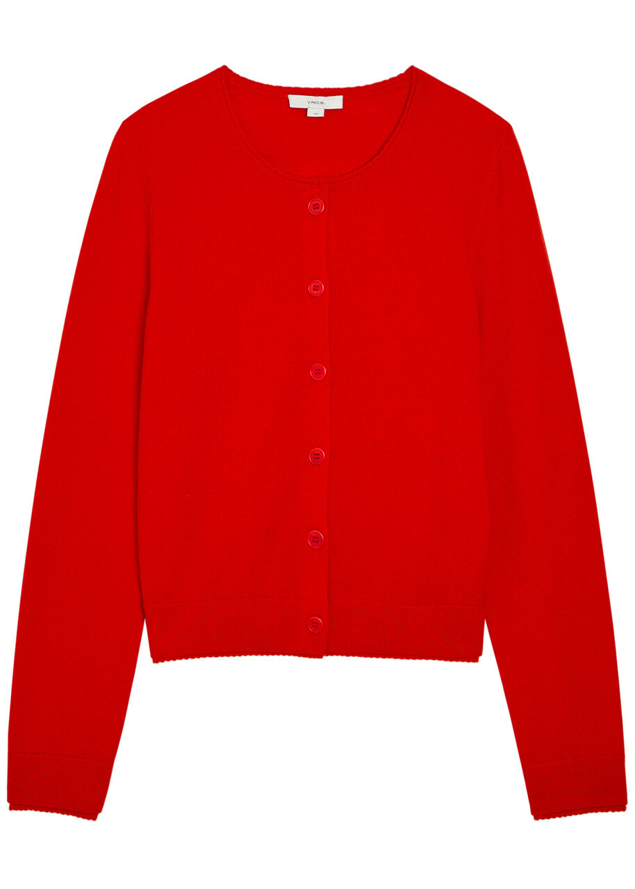Vince Scalloped Trims Wool and Cashmere-blend Cardigan Red