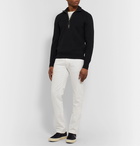 TOM FORD - Slim-Fit Leather-Trimmed Ribbed Merino Wool Half-Zip Sweater - Gray