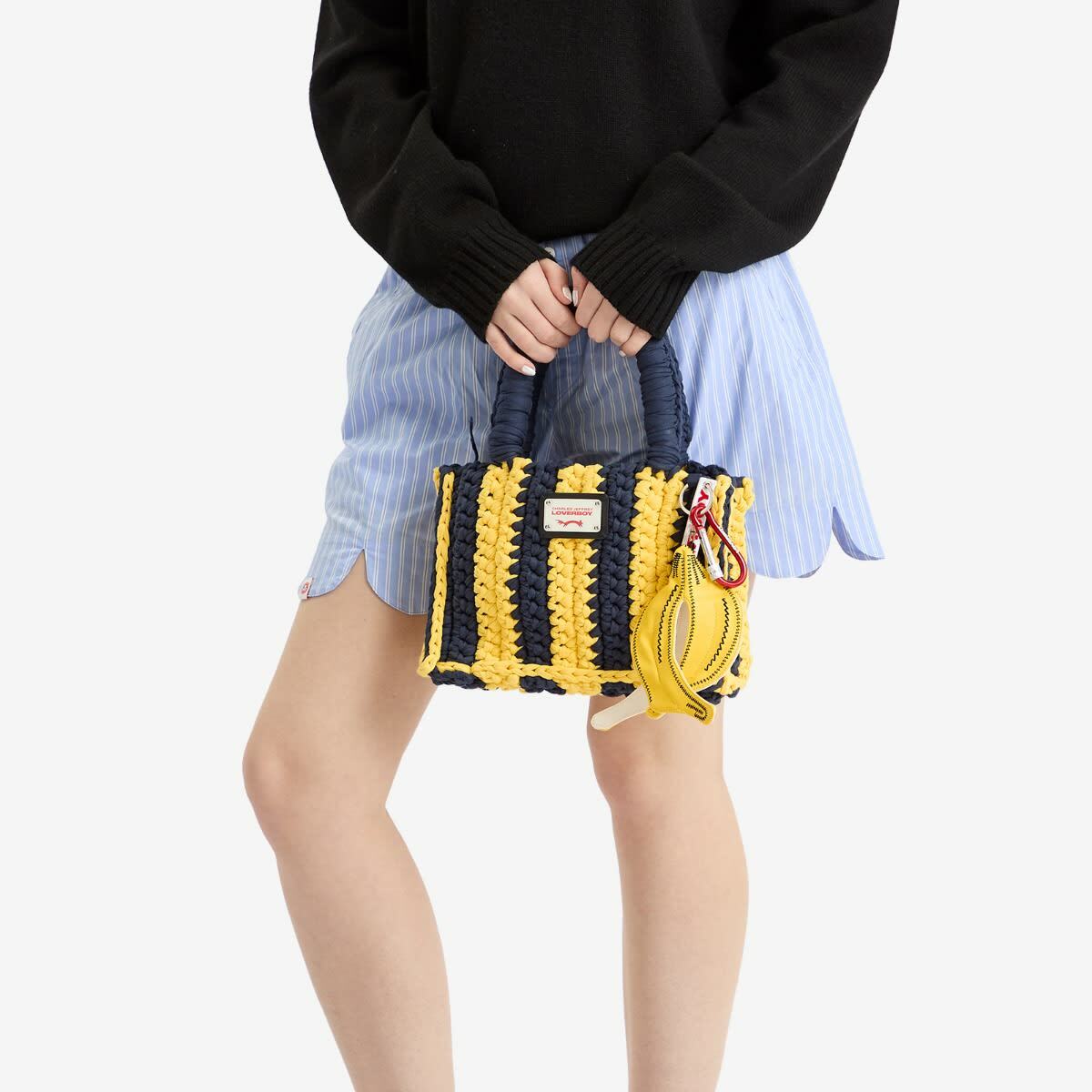 Charles Jeffrey Loverboy Women's Knitted Bucket Bag in Navy/Yellow 