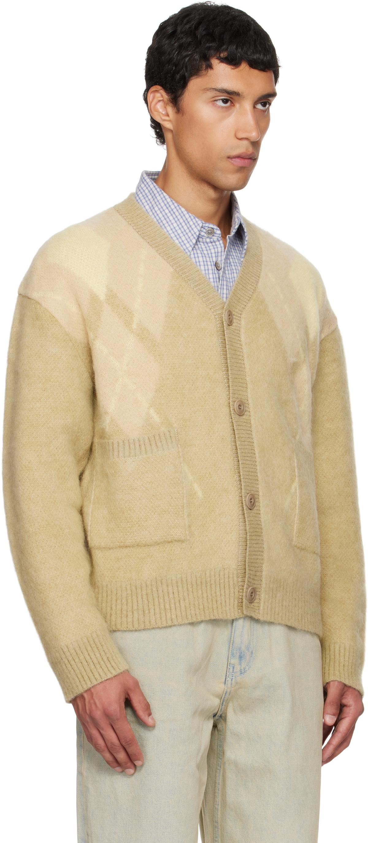 COOR Yellow Hairy Mixed Argyle Cardigan