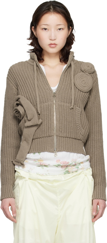 Photo: OPEN YY Taupe Applique Knit Zipup Sweater