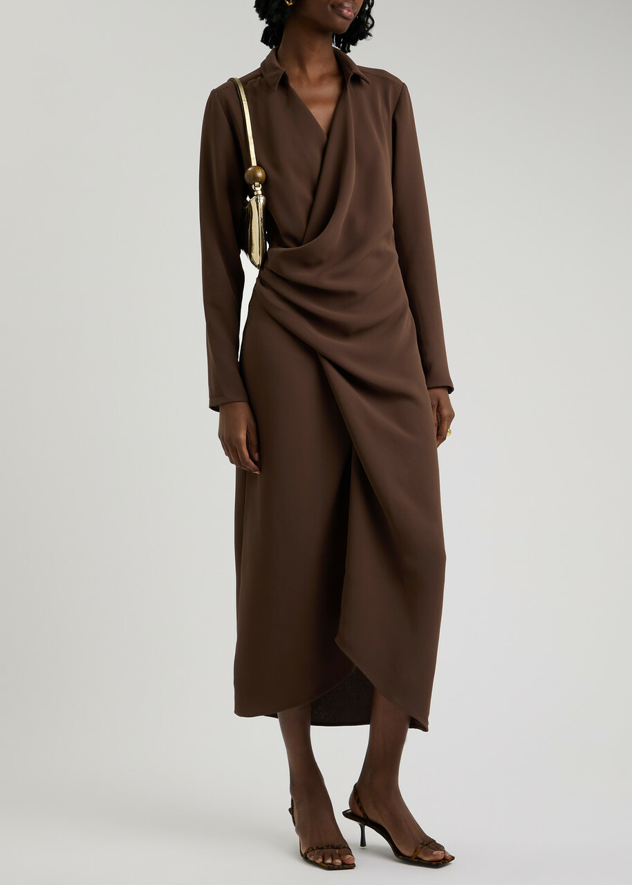 Paris Georgia Simone Draped Midi Shirt Dress Brown