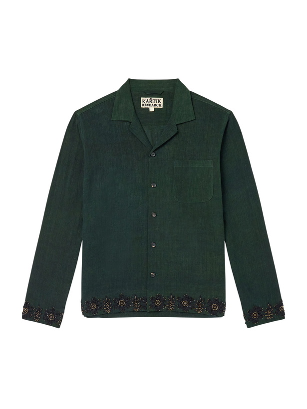Photo: Kartik Research - Camp-Collar Bead-Embellished Embroidered Cotton Shirt - Green