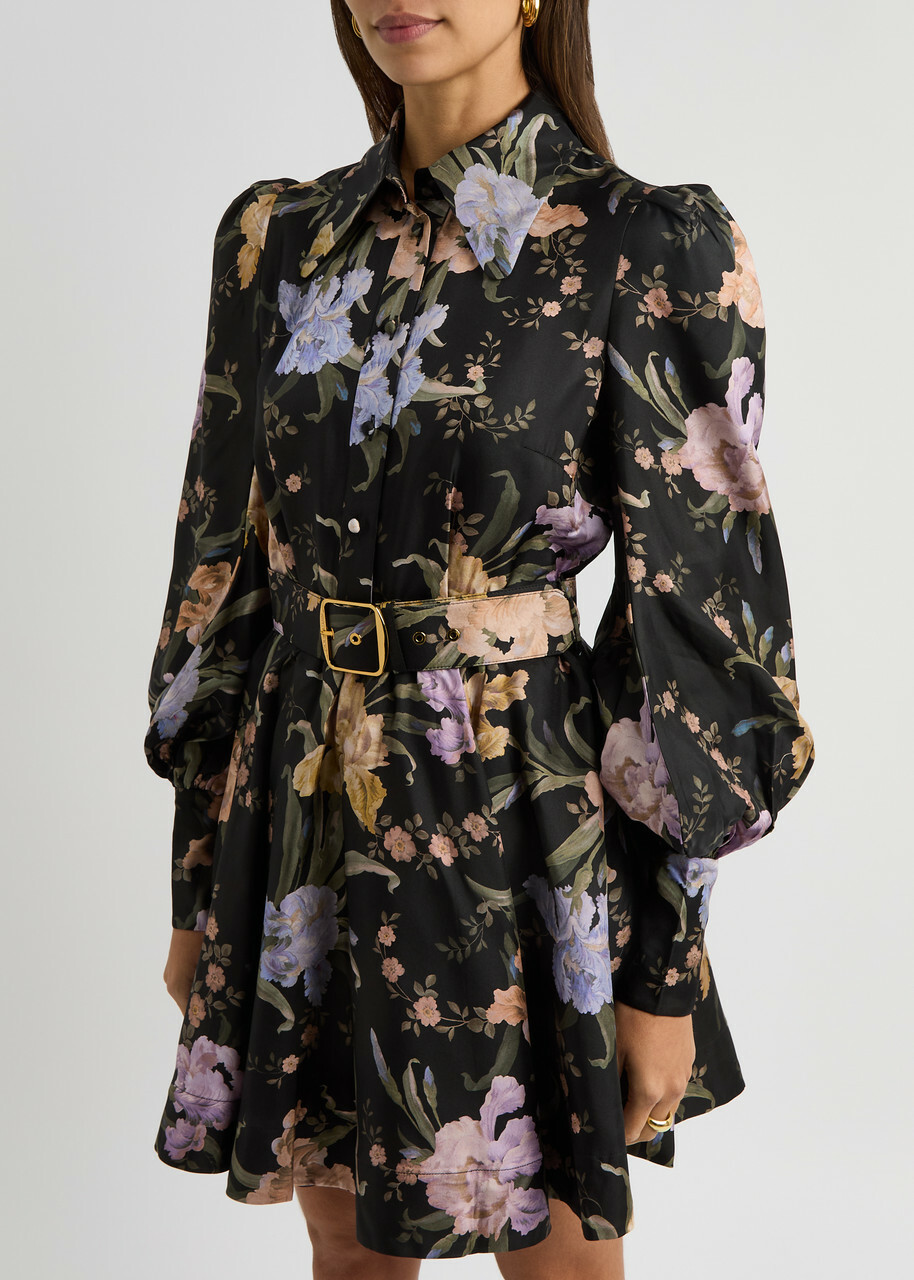 knee length dresses for ladies Floral Puff Sleeve Mini Shirt Dress - Entro main image 0