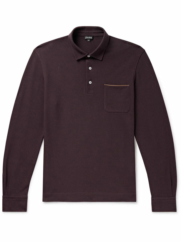 Photo: Zegna - Slim-Fit Nubuck-Trimmed Cotton-Piqué Polo Shirt - Burgundy